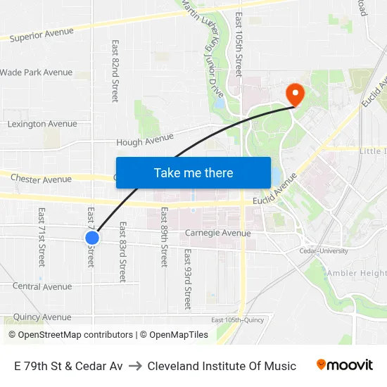 E 79th St & Cedar Av to Cleveland Institute Of Music map