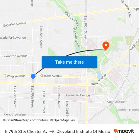 E 79th St & Chester Av to Cleveland Institute Of Music map
