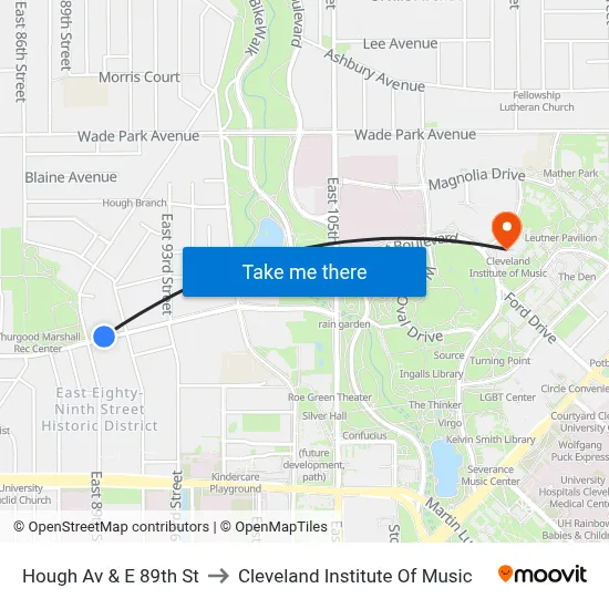 Hough Av & E 89th St to Cleveland Institute Of Music map