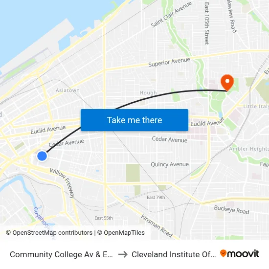 Community College Av & E 22nd St to Cleveland Institute Of Music map