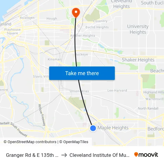 Granger Rd & E 135th St to Cleveland Institute Of Music map