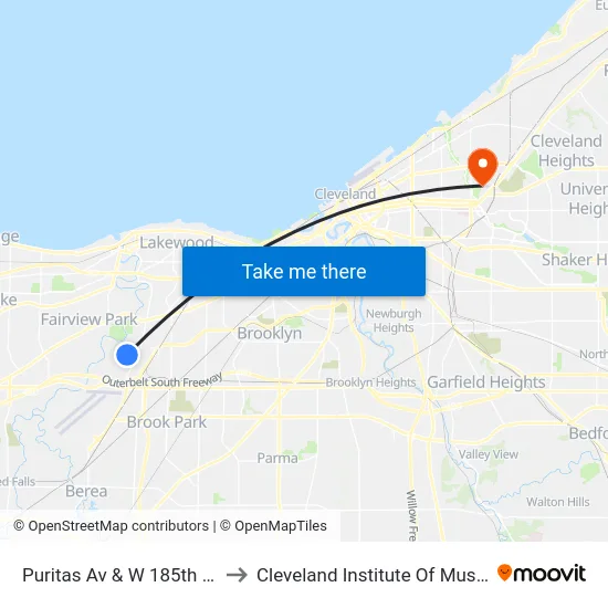 Puritas Av & W 185th St to Cleveland Institute Of Music map