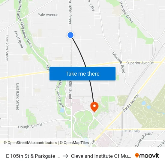 E 105th St & Parkgate Av to Cleveland Institute Of Music map