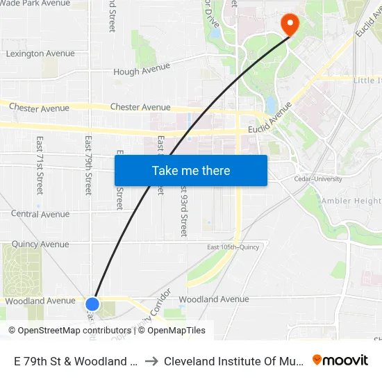 E 79th St & Woodland Av to Cleveland Institute Of Music map