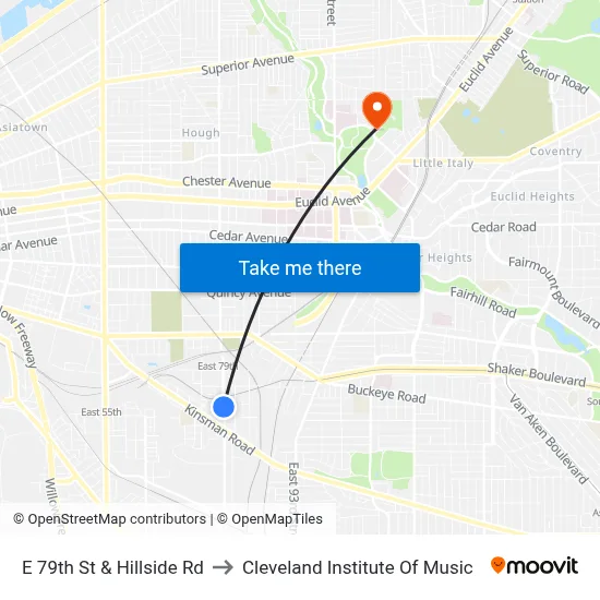 E 79th St & Hillside Rd to Cleveland Institute Of Music map