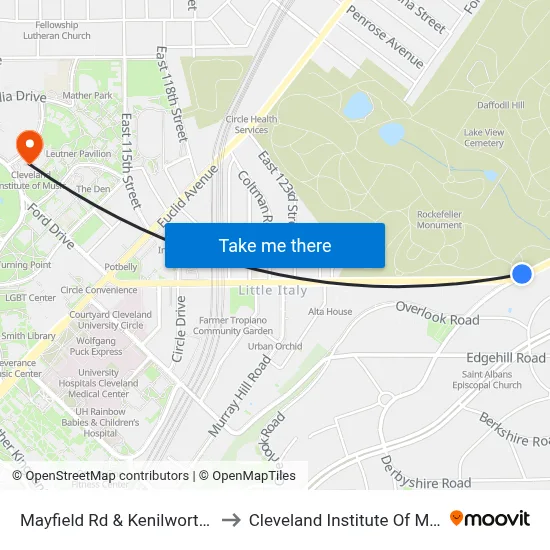 Mayfield Rd & Kenilworth Rd to Cleveland Institute Of Music map