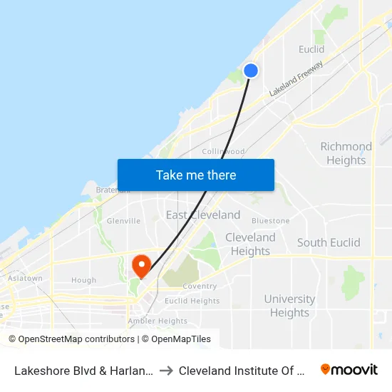 Lakeshore Blvd & Harland Av to Cleveland Institute Of Music map