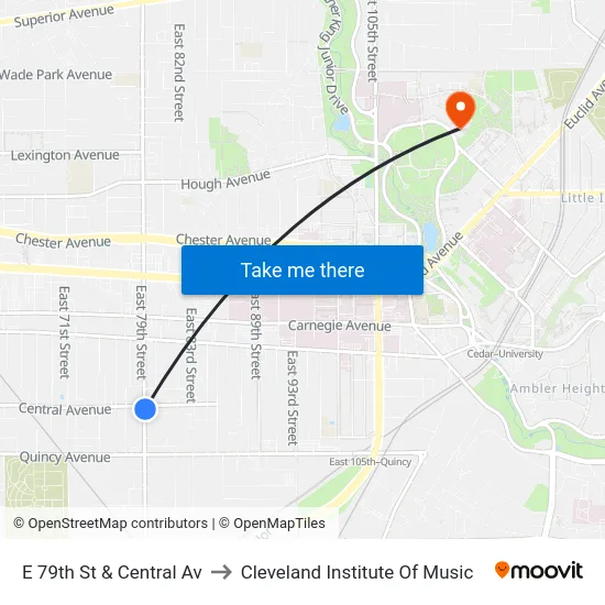 E 79th St & Central Av to Cleveland Institute Of Music map