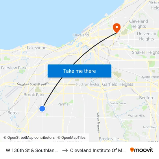 W 130th St & Southland Dr to Cleveland Institute Of Music map