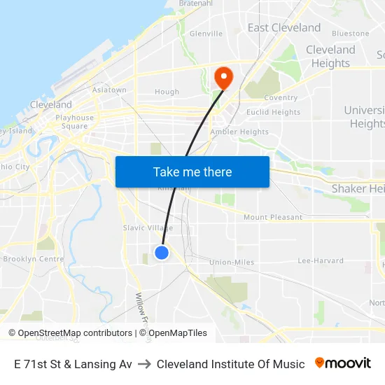E 71st St & Lansing Av to Cleveland Institute Of Music map
