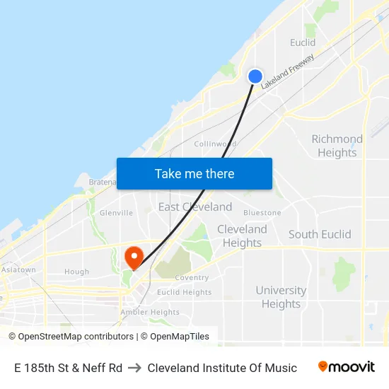E 185th St & Neff Rd to Cleveland Institute Of Music map