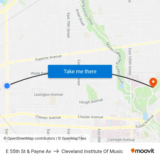 E 55th St & Payne Av to Cleveland Institute Of Music map
