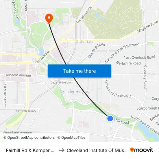 Fairhill Rd & Kemper Rd to Cleveland Institute Of Music map