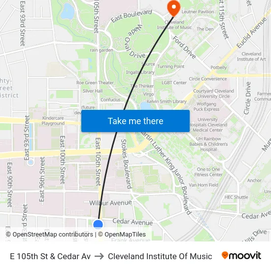 E 105th St & Cedar Av to Cleveland Institute Of Music map