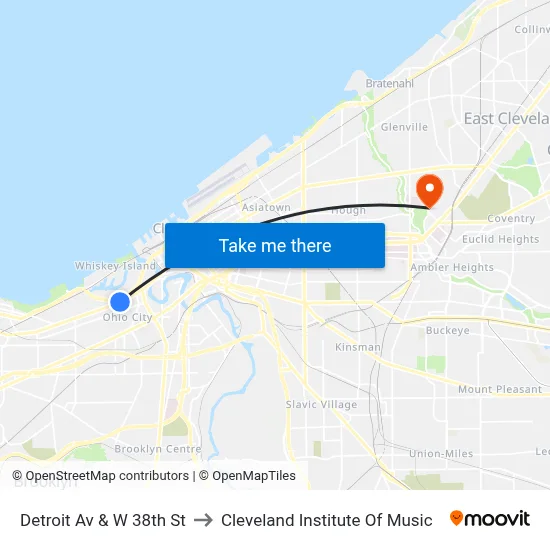 Detroit Av & W 38th St to Cleveland Institute Of Music map
