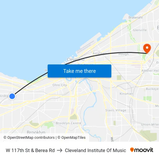 W 117th St & Berea Rd to Cleveland Institute Of Music map