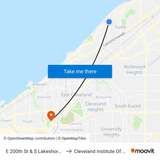 E 200th St & S Lakeshore Blvd to Cleveland Institute Of Music map