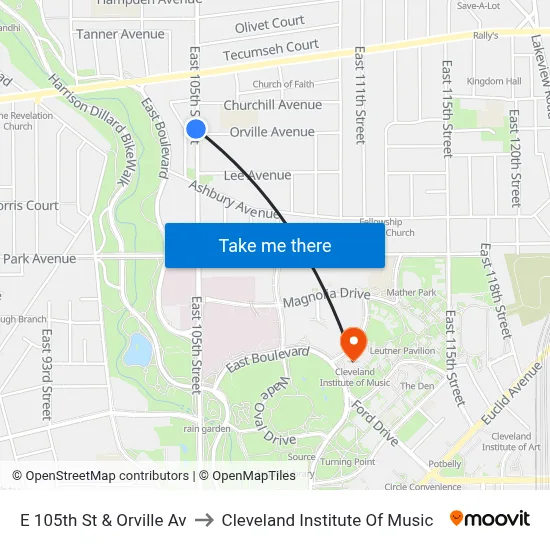 E 105th St & Orville Av to Cleveland Institute Of Music map