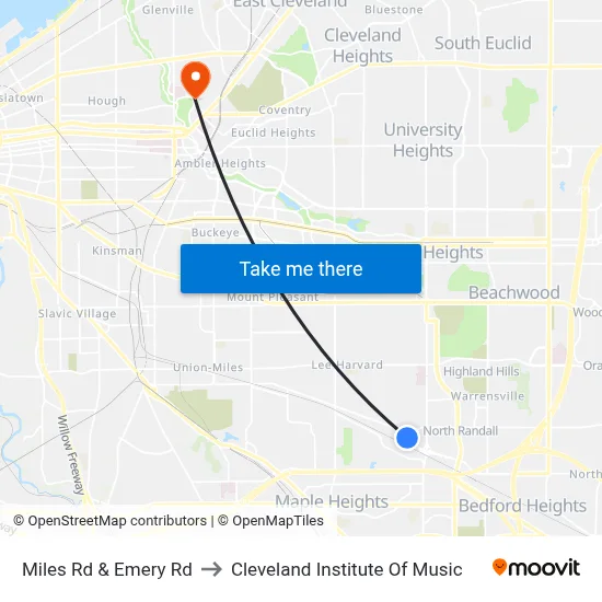 Miles Rd & Emery Rd to Cleveland Institute Of Music map