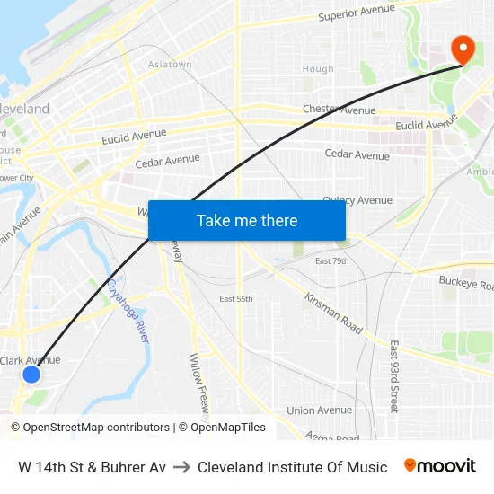 W 14th St & Buhrer Av to Cleveland Institute Of Music map