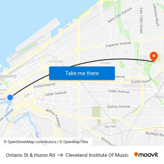 Ontario St & Huron Rd to Cleveland Institute Of Music map