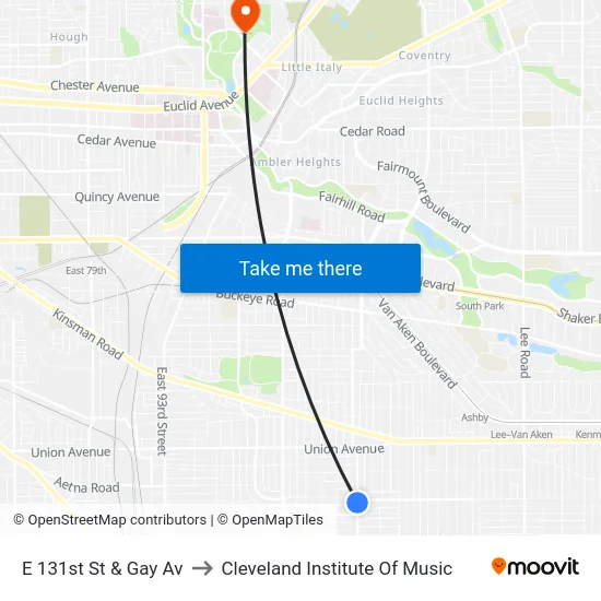 E 131st St & Gay Av to Cleveland Institute Of Music map