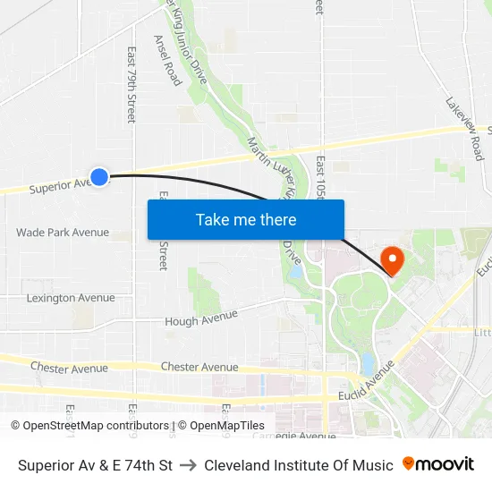 Superior Av & E 74th St to Cleveland Institute Of Music map