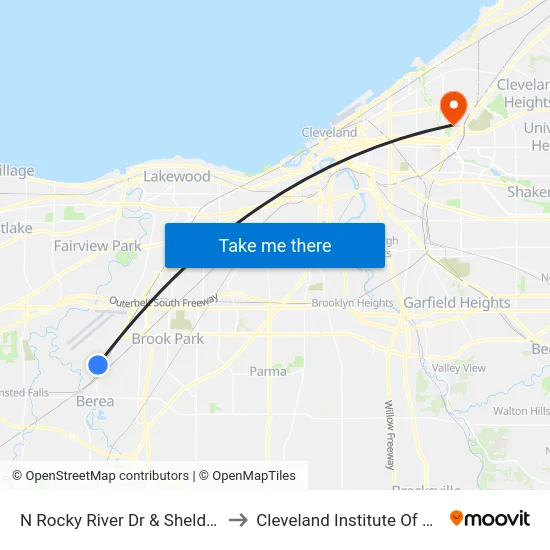 N Rocky River Dr & Sheldon Rd to Cleveland Institute Of Music map