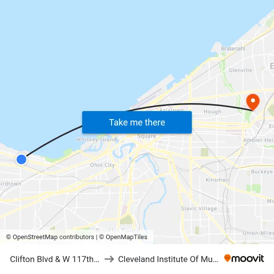 Clifton Blvd & W 117th St to Cleveland Institute Of Music map