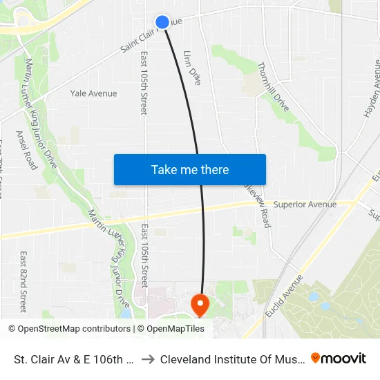 St. Clair Av & E 106th St to Cleveland Institute Of Music map