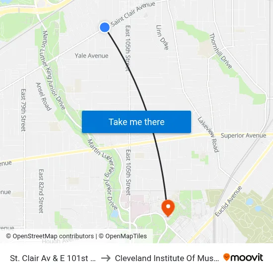 St. Clair Av & E 101st St to Cleveland Institute Of Music map