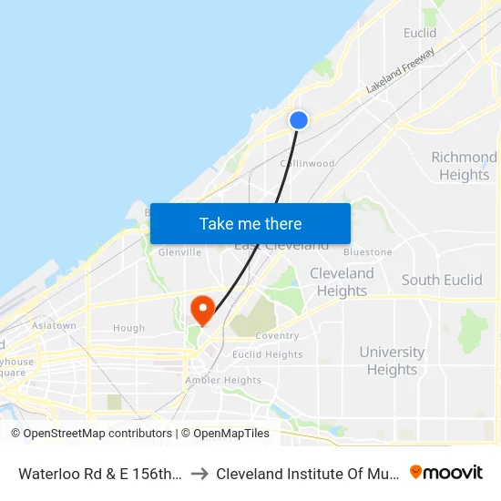 Waterloo Rd & E 156th St to Cleveland Institute Of Music map