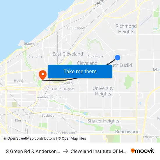 S Green Rd & Anderson Rd to Cleveland Institute Of Music map