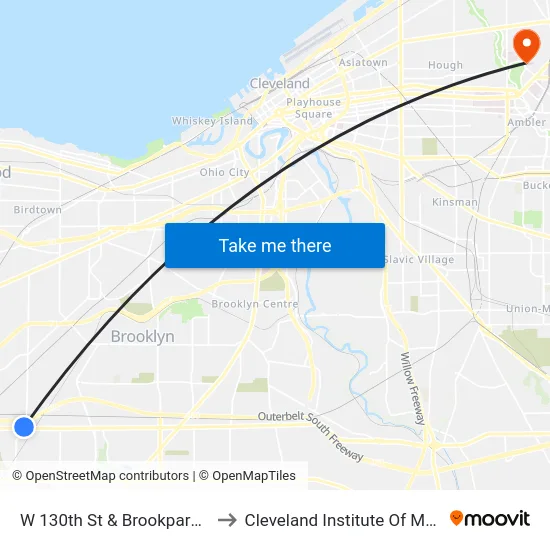 W 130th St & Brookpark Rd to Cleveland Institute Of Music map