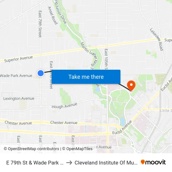 E 79th St & Wade Park Av to Cleveland Institute Of Music map
