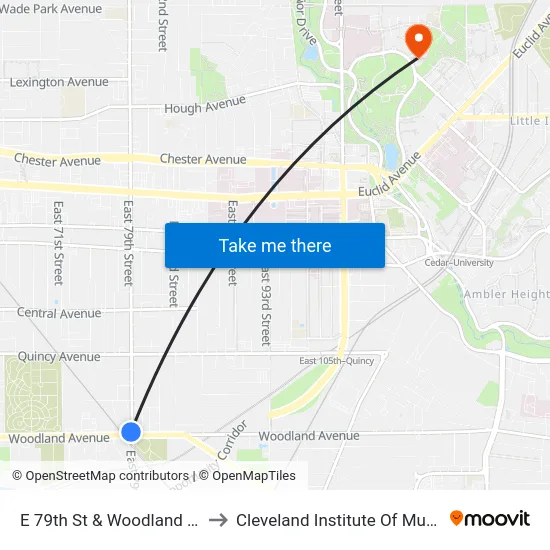 E 79th St & Woodland Av to Cleveland Institute Of Music map