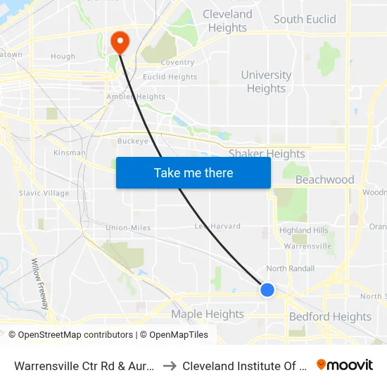 Warrensville Ctr Rd & Aurora Rd to Cleveland Institute Of Music map
