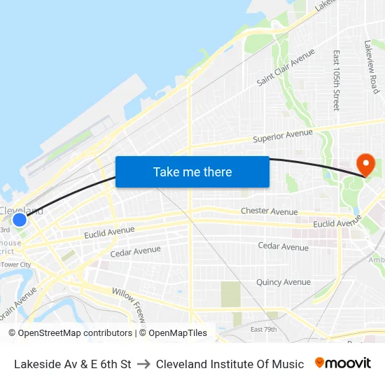 Lakeside Av & E 6th St to Cleveland Institute Of Music map