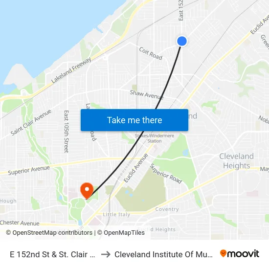 E 152nd St & St. Clair Av to Cleveland Institute Of Music map