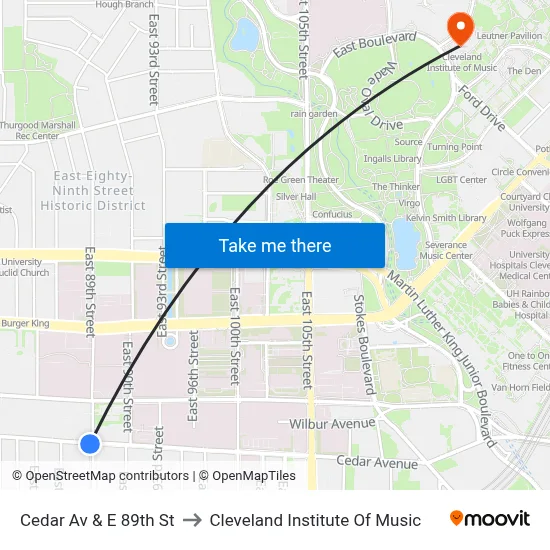 Cedar Av & E 89th St to Cleveland Institute Of Music map