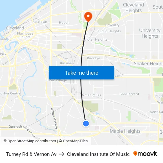 Turney Rd & Vernon Av to Cleveland Institute Of Music map