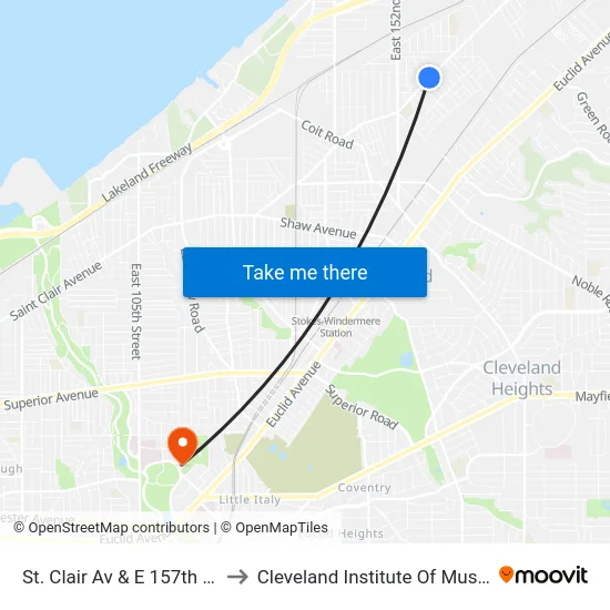 St. Clair Av & E 157th St to Cleveland Institute Of Music map