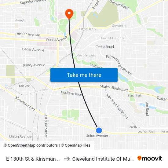 E 130th St & Kinsman Rd to Cleveland Institute Of Music map