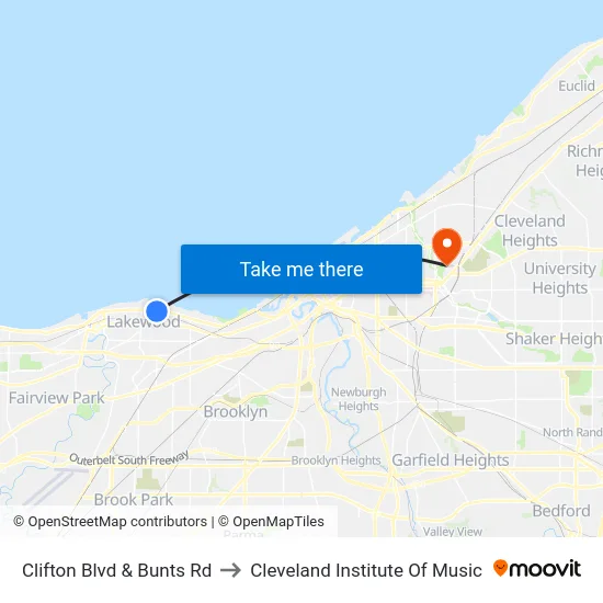 Clifton Blvd & Bunts Rd to Cleveland Institute Of Music map