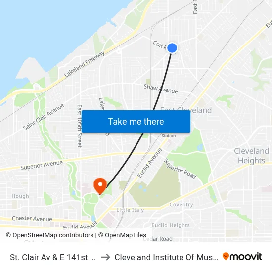 St. Clair Av & E 141st St to Cleveland Institute Of Music map