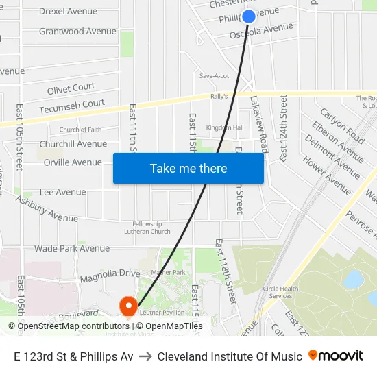 E 123rd St & Phillips Av to Cleveland Institute Of Music map