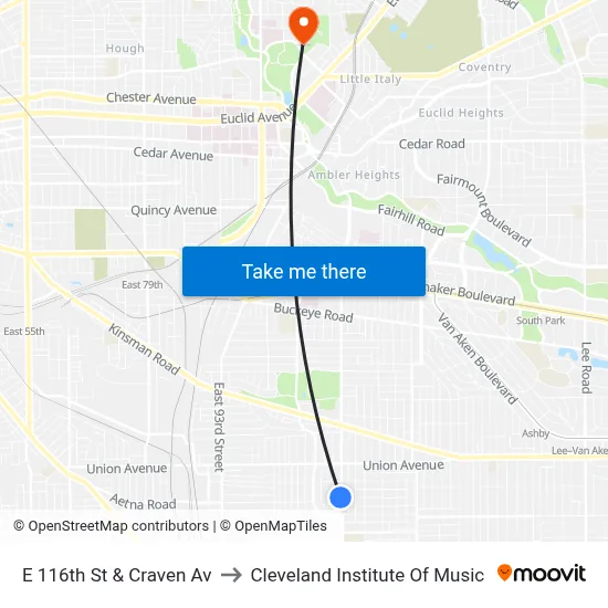 E 116th St & Craven Av to Cleveland Institute Of Music map