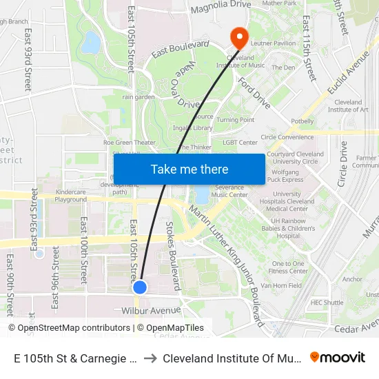 E 105th St & Carnegie Av to Cleveland Institute Of Music map