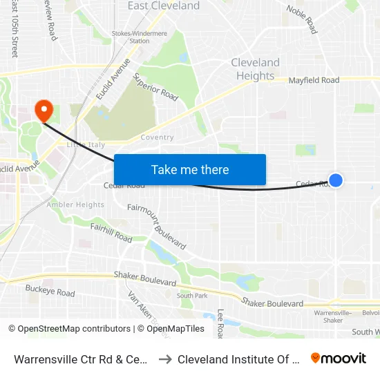 Warrensville Ctr Rd & Cedar Rd to Cleveland Institute Of Music map