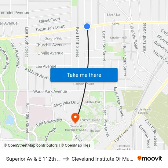 Superior Av & E 112th St to Cleveland Institute Of Music map